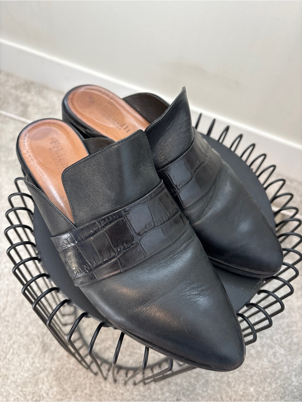 Fabianelli Italian Leather Pointed Toe Croc Embossed Mules [38]